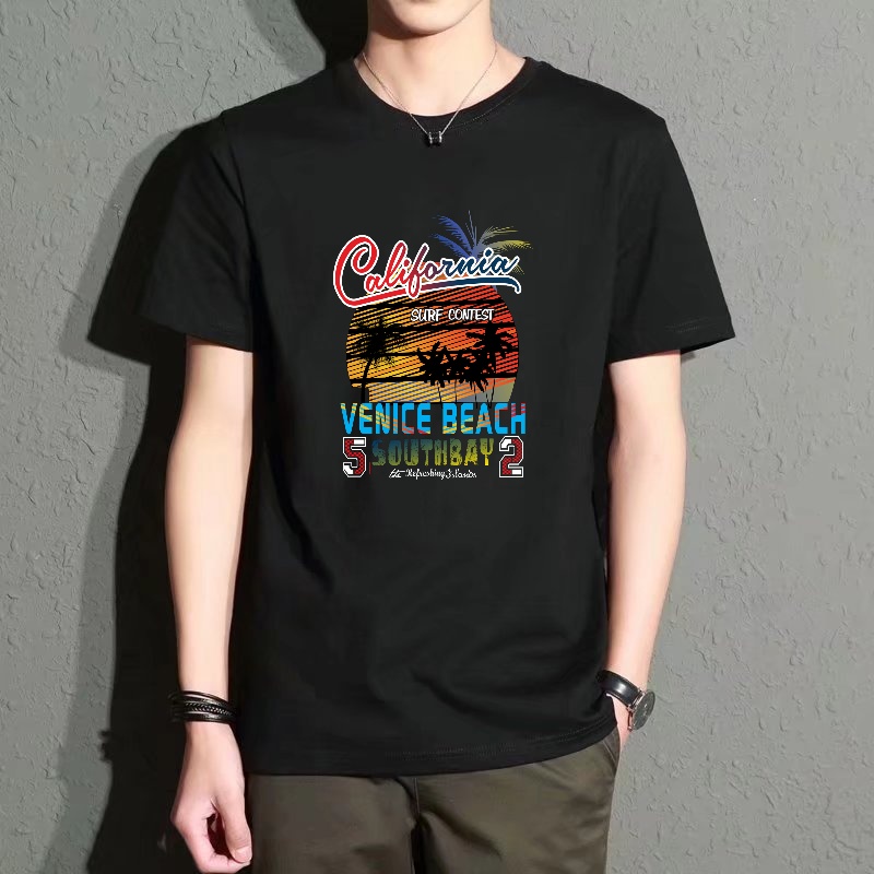 Street Fashion Venice - Men's Black Round-Neck Short-Sleeved T-Shirt with